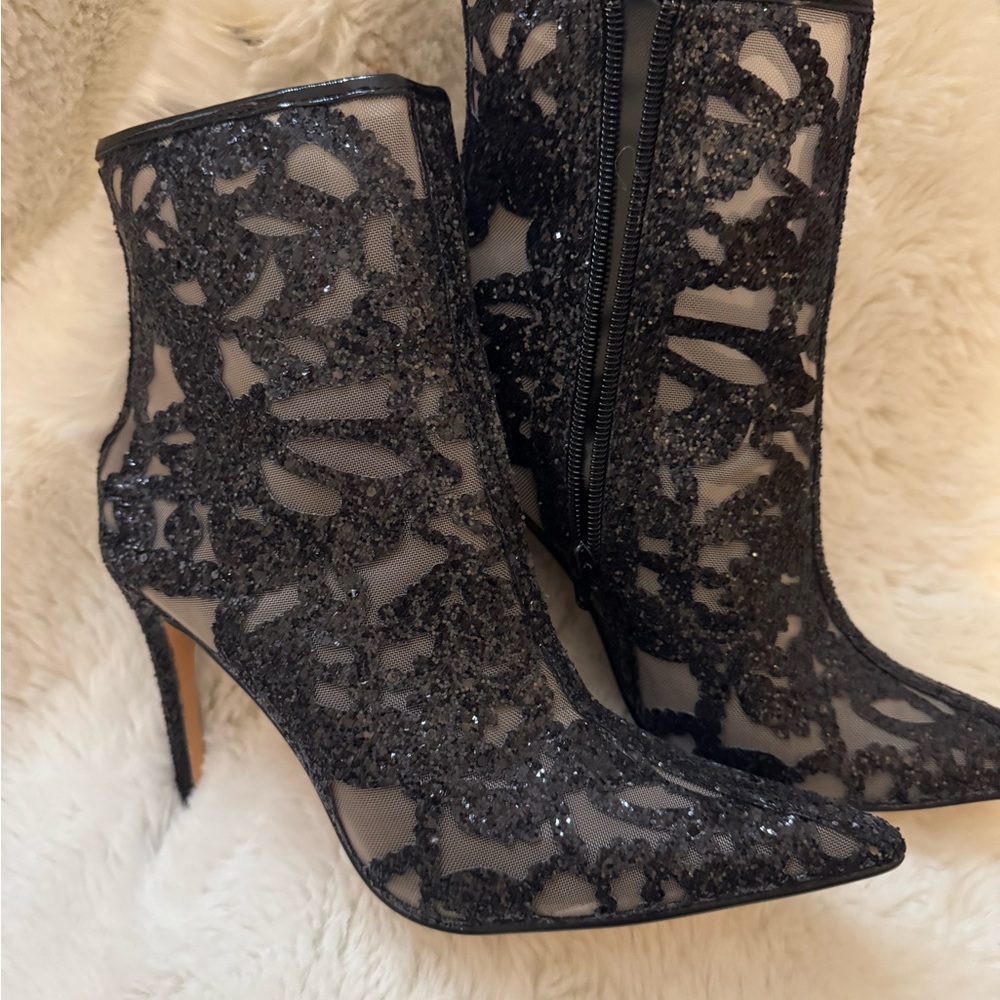 Lulu's Black Heeled Boots with Lace Overlay